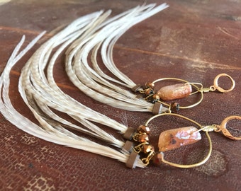 Natural Cream Feather Earrings, Gold Hoop Earrings With Champagne Rose Quartz Crystals Leverback Earrings, Feather Hoops