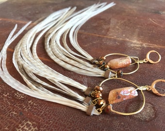 Natural Cream Feather Earrings, Gold Hoop Earrings With Champagne Rose Quartz Crystals Leverback Earrings, Feather Hoops