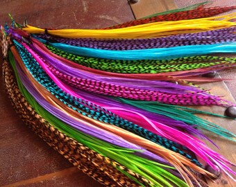 ALL DYED Feather Extensions Grizzly, Bright, Colorful Discount Long Feather Hair Extensions, 25 Hair Feathers Summer Fashion Accessories