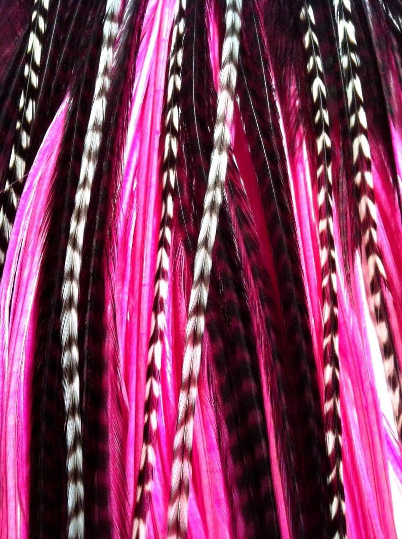 3 Real Hair Feather Extensions Long Grizzly Pink Wine Claret Etsy