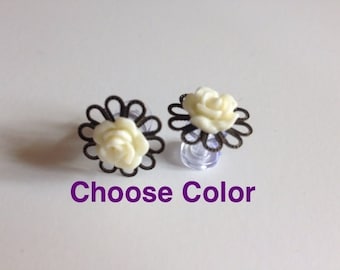 6g Rose Plugs Flower Plugs 4mm Gauges purchase alone OR add on for Feather Plugs 16 Color Choices Wood/Acrylic/Steel Screw Back