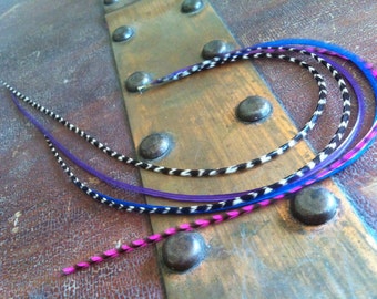 Berry Grizzly Feather Hair Extension Blue, Purple, Pink Grizzly Bundle 5 Bonded Long Hair Feathers For Feather Extensions