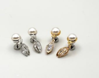 16g 14g 12g 10g 8g パール耳栓、シルバーまたはゴールド、アイボリーフェイクパールとケージクリスタルビーズ付き、花嫁用サージカルスチールスクリューバックハイダー