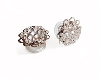 EarPlugs 5/8" Plugs 1/2" Clear Rhinestone Flower Ear Plugs Silver Formal Gauges For Brides 9/16" Hiders