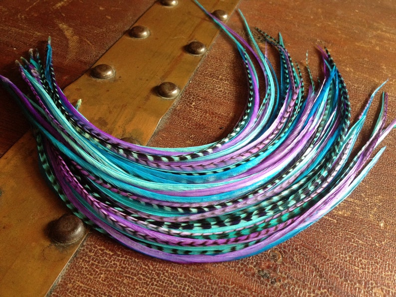 Colorful Hair Feather Extensions Purple Blue Grizzly 5 Long Etsy