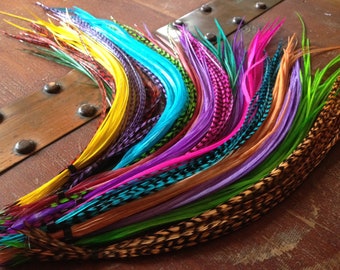 Bonded Feather Hair Extension Pick 6 Natural Colorful Grizzly Custom Hair Feathers Long Feather Extensions Plumes Raver Accessories for Hair