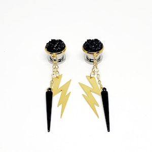 Dangle Gauges With Black Spike Lightning Bolt Druzy Gold Cap 14g 16g 8g 12g 10g 6g 4g 2g 0g 00g 000g 1/2” 9/16” 5/8” Hider Dangle Ear Plugs