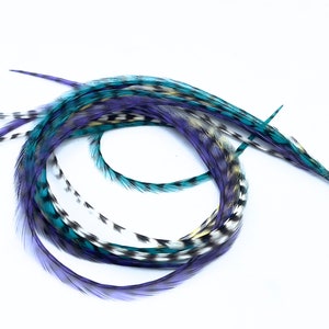 Hair Feather Extensions Long All Grizzly 9-12&quot; Teal, Purple, Pale Yellow 7pcs in 1 Bonded Bundle, Skinny Striped Feathers