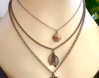 Romantic Style Triple Layered Necklace With Bronze Chain and Roses, Gifts for Her, Ready to Ship Muli-Strand