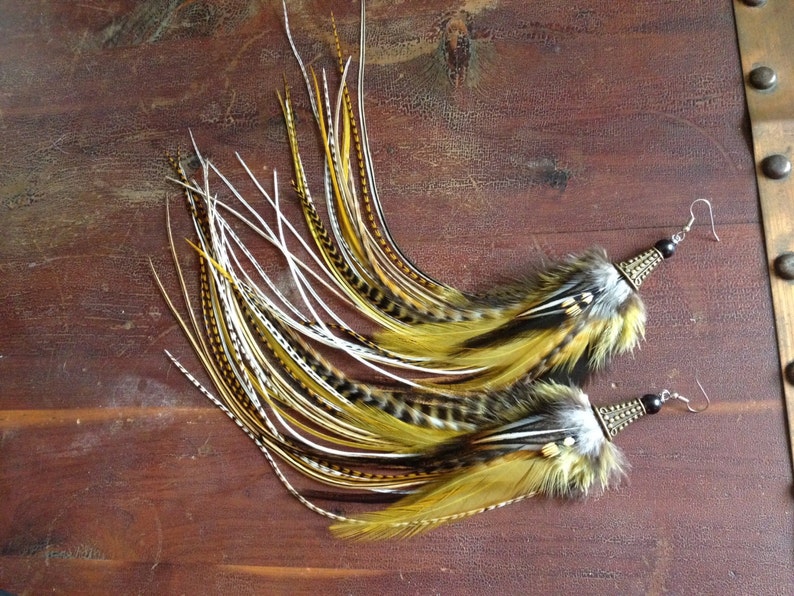 Golden Olive Feather Earrings: Long Feather Dangle Earrings, Boho Natural Feather Jewelry Fall Fashion, Real Bird Feathers Hippie Earrings image 4