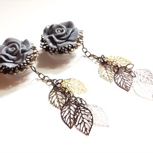 13/16 20mm Dangle Plugs Earrings 17 Color Rose Choices 1 inch 25mm, 3/4 19mm, 7/8 GaugesTiny Filigree Leaves Multiple Metal Shades image 3