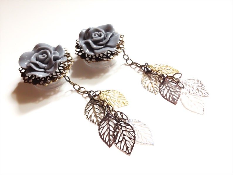 13/16 20mm Dangle Plugs Earrings 17 Color Rose Choices 1 inch 25mm, 3/4 19mm, 7/8 GaugesTiny Filigree Leaves Multiple Metal Shades image 3