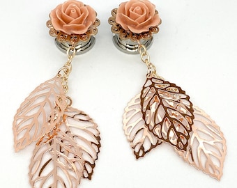 24 Rose Colors Dangle Plugs With Rose Gold Leaves 9/16" 1/2" 5/8” Romantic Gauges Ear Plug Earrings Wood Tunnels/Acrylic/Steel Tunnels