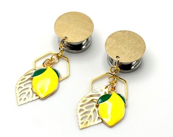 Yellow Lemon Dangle Plugs Stud Earrings to 34mm Golden Brass Ear Plugs Hider Gauges 14g 2g 1g 4g 00g 000g 7/8 22mm 16mm