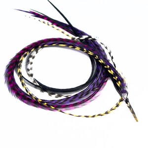Extension per capelli con piume viola magenta giallo Grizzly Skinny Blend, kit di piume per capelli da 11-12 pollici, bundle 7 in 1 legato
