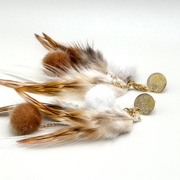 Pom Pom Feather Earrings Natural Hippie Barred Ginger, White, Brass