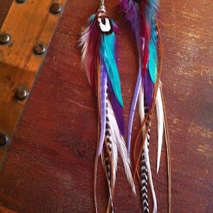 Colorful Feather Earrings Long Grizzly Rooster Feather Earrings with Purple, Turquoise, White, and Brown Feathers