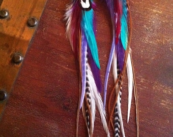 Colorful Feather Earrings Long Grizzly Rooster Feather Earrings with Purple, Turquoise, White, and Brown Feathers
