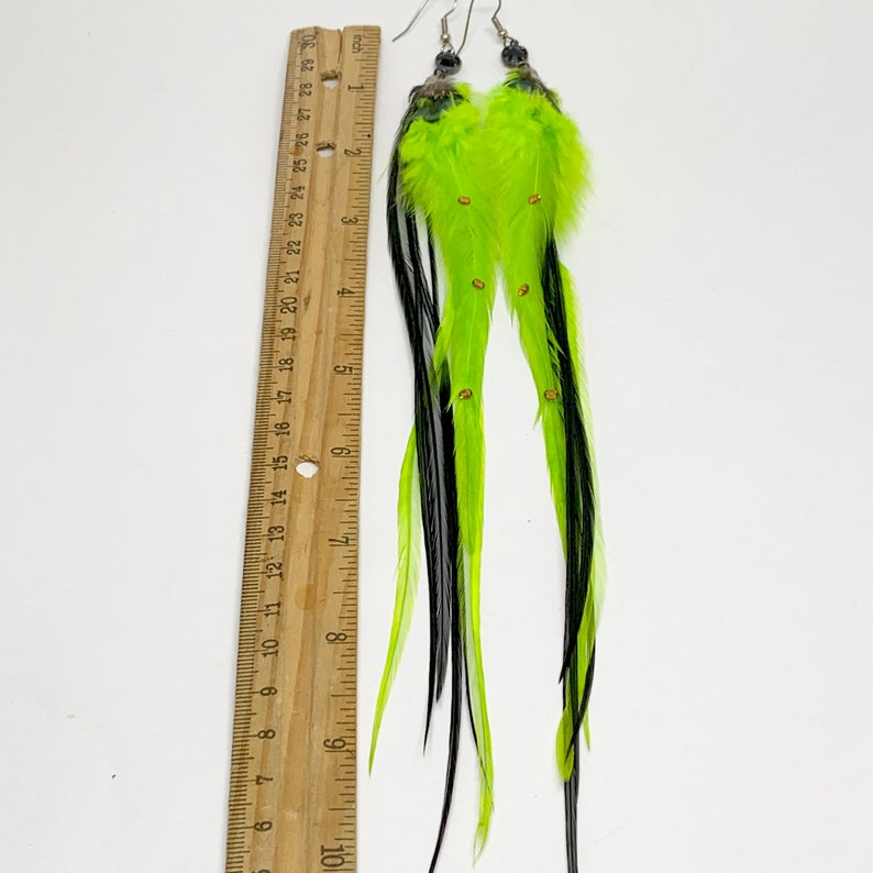 Slender Feather Earrings Chartreuse Lime Green and Black with Rhinestones OOAK Ready to Ship