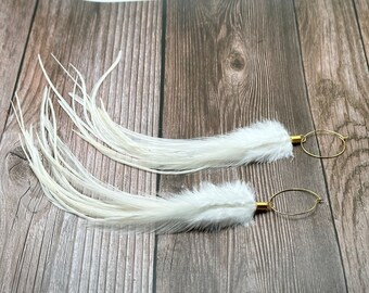 Gold Hoop Earrings Natural Creamy White Feather Earrings, Long Feather Hoops, Bridal Jewelry