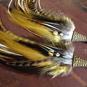 Golden Olive Feather Earrings: Long Feather Dangle Earrings, Boho Natural Feather Jewelry Fall Fashion, Real Bird Feathers Hippie Earrings image 2