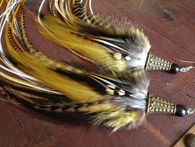 Golden Olive Feather Earrings: Long Feather Dangle Earrings, Boho Natural Feather Jewelry Fall Fashion, Real Bird Feathers Hippie Earrings image 2