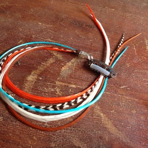 Extra Long Clip in Feather Extension 12 inch Removable Grizzly Feather Hair Extensions with 5 Feathers Turquoise, Orange, Cream, and Grizzly