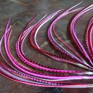 Valentine&#39;s Feather Extensions Pink Feathers 5 Long Pink Grizzly Magenta Hair Feathers In 1 Bonded Feather Hair Extension With Threader