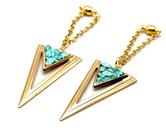 真鍮アールデコスタイルターコイズペブルマグネット耳栓ダングル、耳トンネルハンガー用、サイズ1g以上、トンネルあり/なし、ダングルプラグ