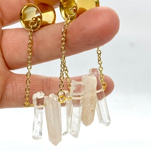Dangle Plugs Gold Blush Pink Natural Quartz Eyelet Hangers 0g and UP With/Without Tunnels, Magnetic Ear Plug Hangers, Lever Back Earrings