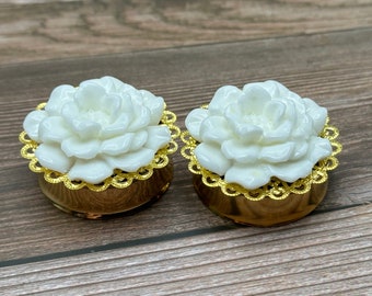 IP メッキ ゴールド トンネル 38 mm 1 1/2” 32 mm 1 1/4” ホワイト ローズ 耳栓 1 1/8” ゲージ イヤリング 28 mm 耳ゲージ 1 3/8 35 mm エレガントなヴィンテージ スタイル