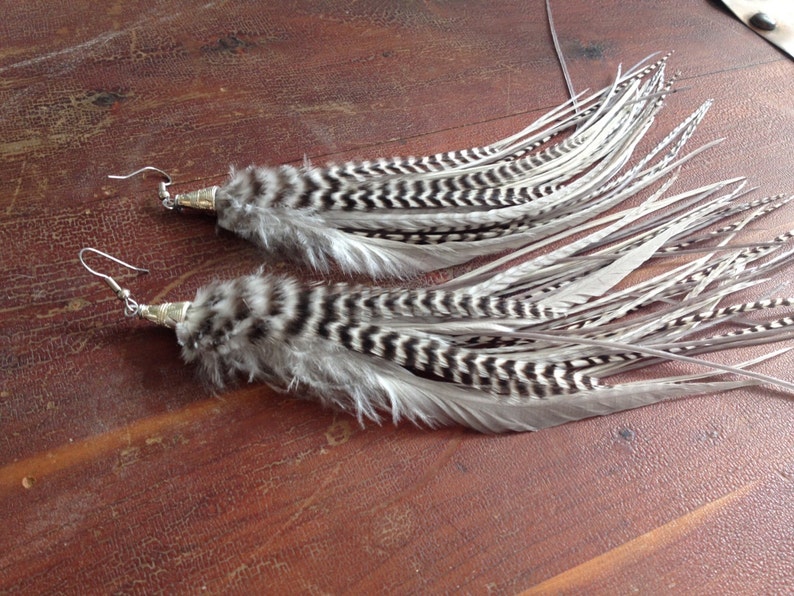 Silver Fringe Earrings, Natural Feather Earrings Shades Of Grey Silver Fringe Earrings, Natural Feather Earrings Shades Of Grey