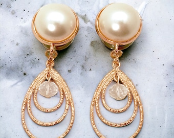 1/2” (12mm) to 5/8" (16mm) Dangle Plug Earrings Rose Gold Bridal Teardrop Hanging Pearl EarPlugs with Faux Crystal Bead Gauges