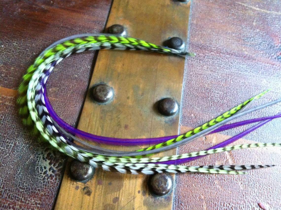 Long Feather Extensions 8 Hair Feathers Green Grey Grizzly Etsy