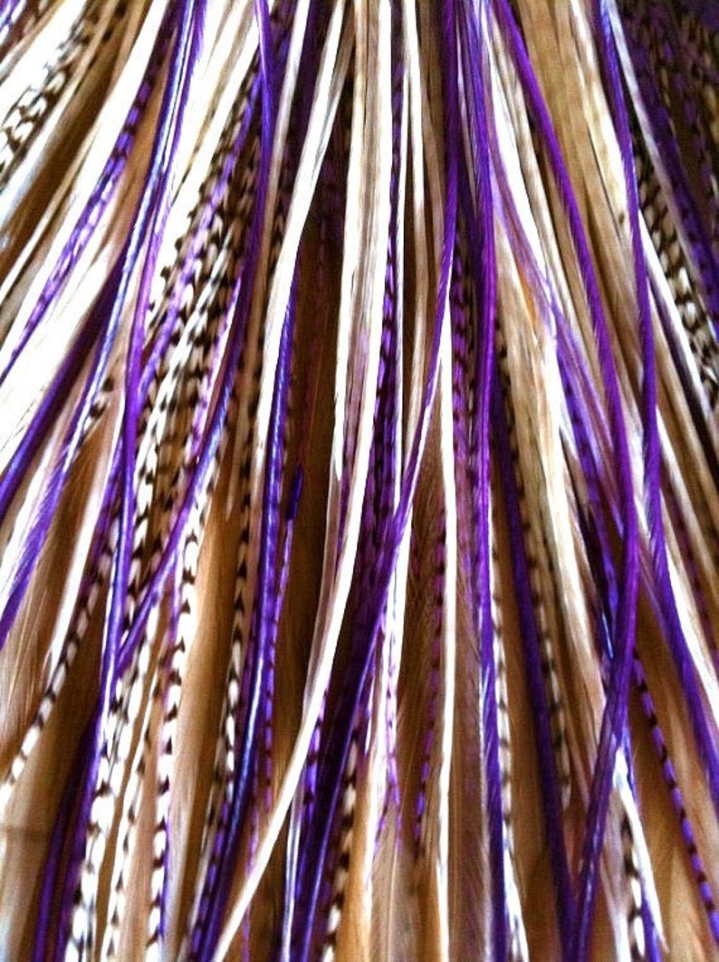 Real Feather Hair Extensions Kit Purple Cream Violet Feather Etsy