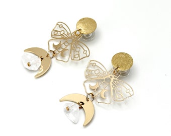 ダングルプラグ ルナモスクォーツクリスタル、スタッドイヤリング 34 mm ゴールデン真鍮耳栓、ハイダーゲージ、16g 2g 1g 4g 00g 000g 7/8" 22 mm 16 mm