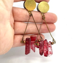 Lever Back Earrings to 1“ 25mm Gauge Red Quartz Crystal Dangle Plugs Brass and Bronze Ear Plugs Gauged Earrings