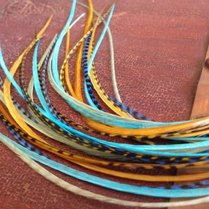 Hair Feather Extensions Turquoise Blue, Olive Green, Grizzly Ocean Blend of 5 Long Feathers, Bonded Skinny Feather Hair Extensions/1 Bundle