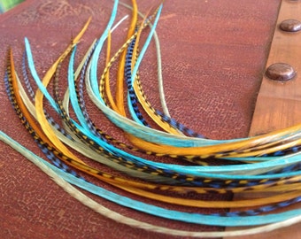 Hair Feather Extensions Turquoise Blue, Olive Green, Grizzly Ocean Blend of 5 Long Feathers, Bonded Skinny Feather Hair Extensions/1 Bundle