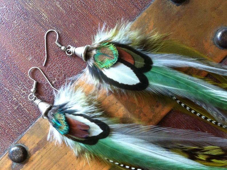 Long Feather Earrings Shades Of Green Boho Hippie Feather Earings image 3