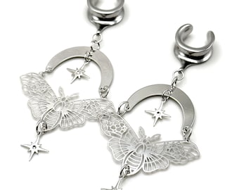 2g (6mm) to 1 3/16” (30mm) Saddle Dangle Plugs Ear Spreader With Silver Lunar Moth and Stars Hanging Plug Earrings