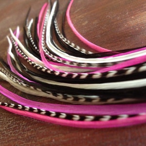 Pink Feather Hair Extension Valentine Pink Black White and Grizzly Long Hair Feather Extensions Kit With Crimp Beads 8-11&quot;/One Bundle