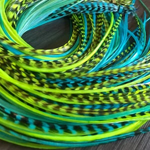 Turquoise/Bright Lime/Green Feather Extensions Long Hair Feathers, Soft Hair Accessories 8 pcs Loose or Bonded 8-12”