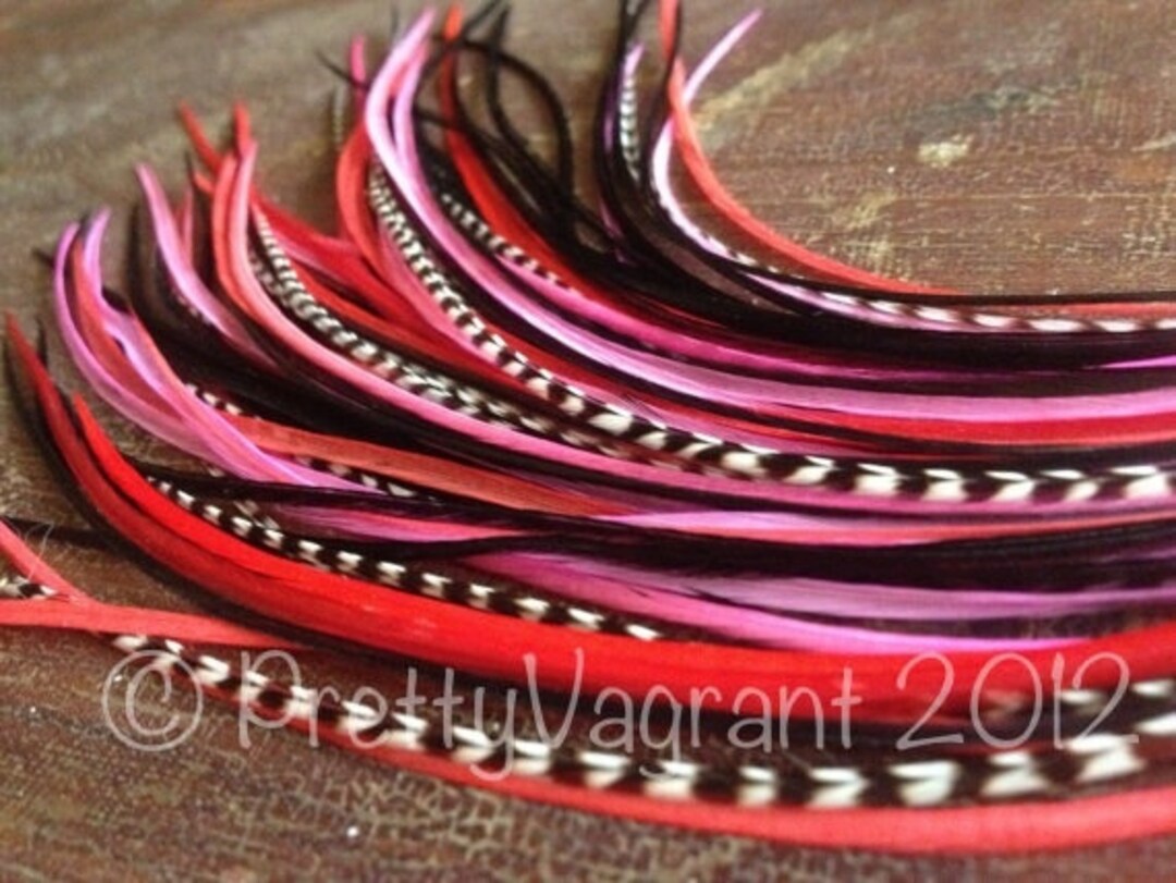 Long Hair Feather Extensions, 5 Feather Bundle Red Pink Black Grizzly