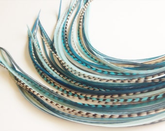 Feather Hair Extension Blissful Blue, Turquoise, Mint, Teal Feather Extensions 1 Bundle of 7 Bonded Hair Feathers Long Bundle