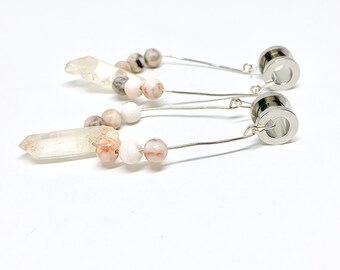 Dangles for Ear Tunnels, Sizes 0g Up to 1 1/2”, With/Without Tunnels, Pink Jasper Beads and Rose Quartz Dangle Plugs Ear Hangers