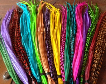 Bulk Wholesale Feather Hair Extensions Salon Stylists Supplies, Variety Pack 50 Long Hair Feathers Colorful Dyed and Natural Feathers Plumes