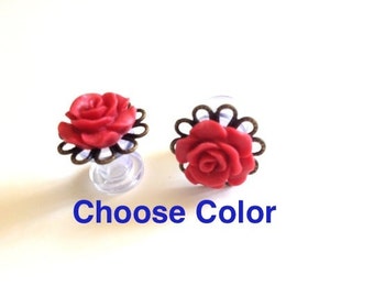 00g 0g Rose Plugs 2g Flower Plugs 6mm Rosebud Gauges 4g 5mm Body 6g Jewelry Piercing, 34 Colors purchase alone OR add on for feather plugs