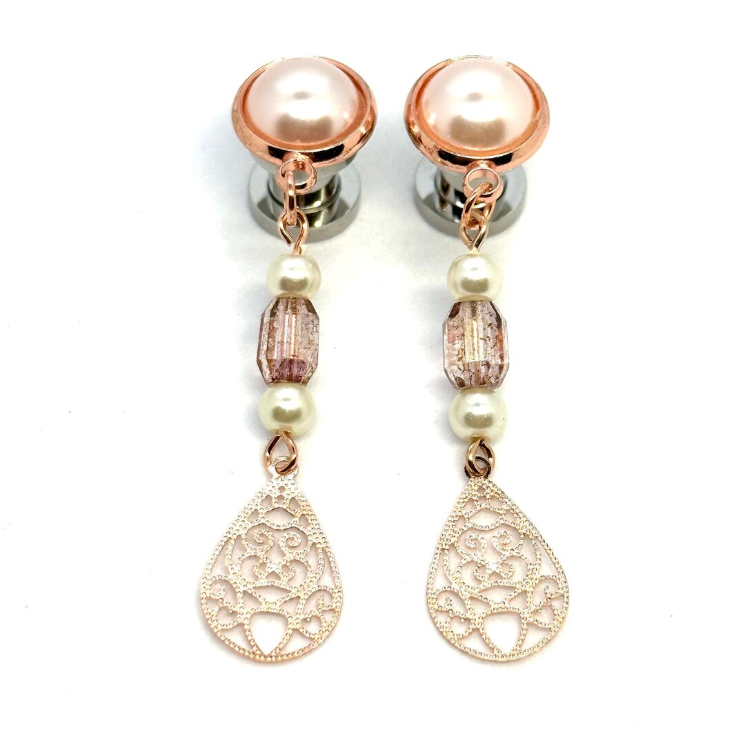 2g Rose Gold Plugs 0g Ear Plugs 6g 4g Pearl Dangle Plugs 7/16