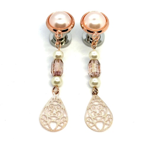 Pearl Rose Gold Dangle Plugs 0g Ear Plugs 6g 4g Plugs 00g Etsy